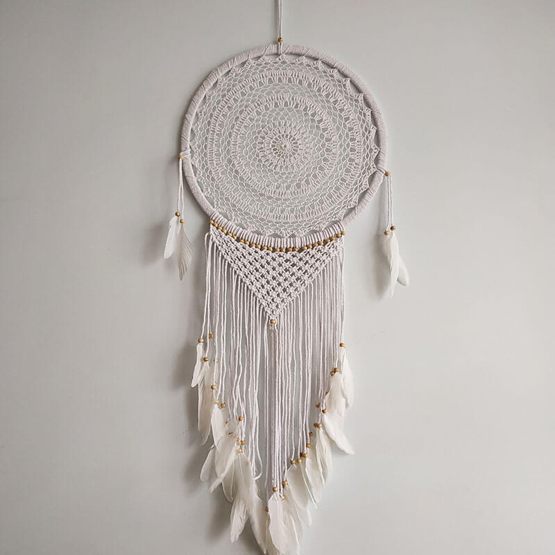 Büyük Boy El Yapımı Beyaz Renk Ahşap Boncuklu Örgülü Makrome Bohem Duvar  Dekorasyonu Dream Catcher