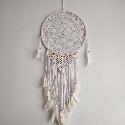 Büyük Boy El Yapımı Beyaz Renk Ahşap Boncuklu Örgülü Makrome Bohem Duvar  Dekorasyonu Dream Catcher