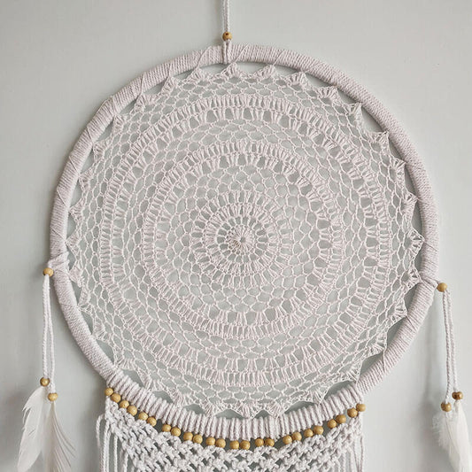 Büyük Boy El Yapımı Beyaz Renk Ahşap Boncuklu Örgülü Makrome Bohem Duvar Dekorasyonu Dream Catcher