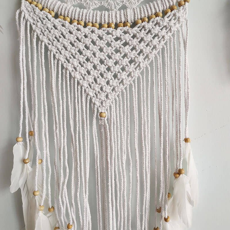 Büyük Boy El Yapımı Beyaz Renk Ahşap Boncuklu Örgülü Makrome Bohem Duvar  Dekorasyonu Dream Catcher