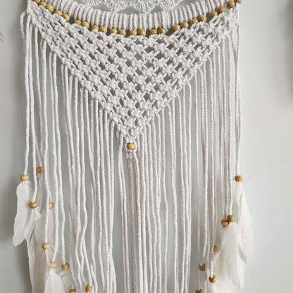 Büyük Boy El Yapımı Beyaz Renk Ahşap Boncuklu Örgülü Makrome Bohem Duvar  Dekorasyonu Dream Catcher