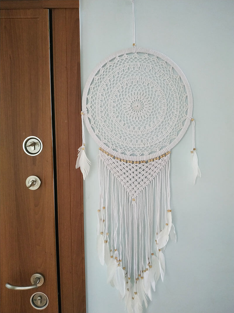 Büyük Boy El Yapımı Beyaz Renk Ahşap Boncuklu Örgülü Makrome Bohem Duvar  Dekorasyonu Dream Catcher