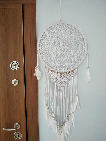 Büyük Boy El Yapımı Beyaz Renk Ahşap Boncuklu Örgülü Makrome Bohem Duvar  Dekorasyonu Dream Catcher