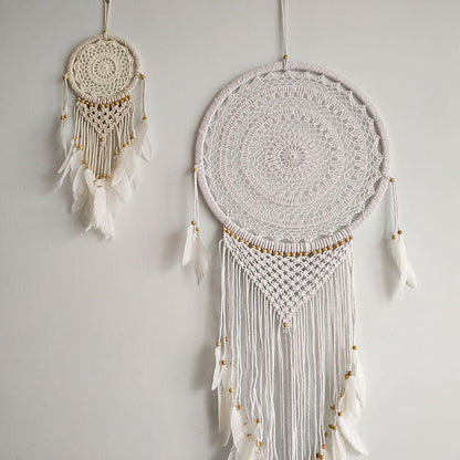 Büyük Boy El Yapımı Beyaz Renk Ahşap Boncuklu Örgülü Makrome Bohem Duvar  Dekorasyonu Dream Catcher