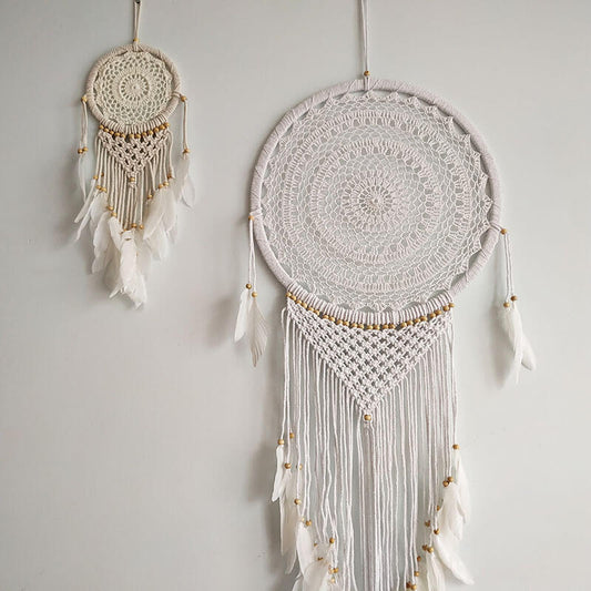 Büyük Boy El Yapımı Beyaz Renk Ahşap Boncuklu Örgülü Makrome Bohem Duvar  Dekorasyonu Dream Catcher
