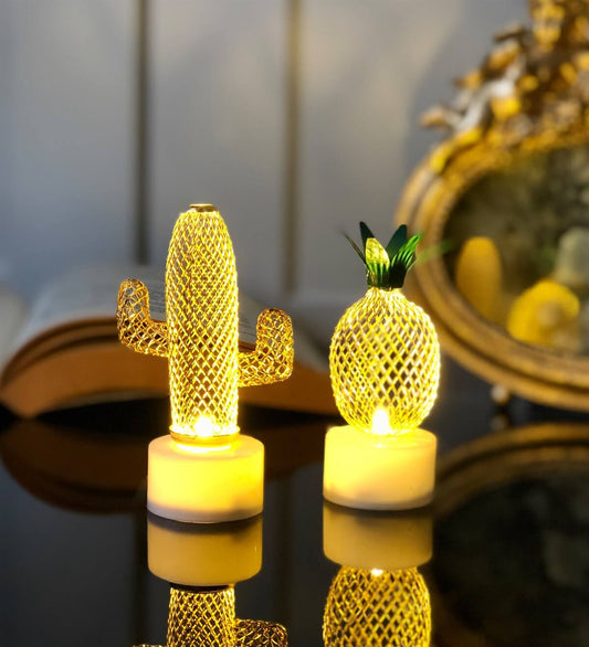 Dekoratif Led Işıklı Mini Metal Kaktüs Ve Ananas Lamba İkili Ev Oda Süsleme Organizasyon Hediyelik Aksesuar