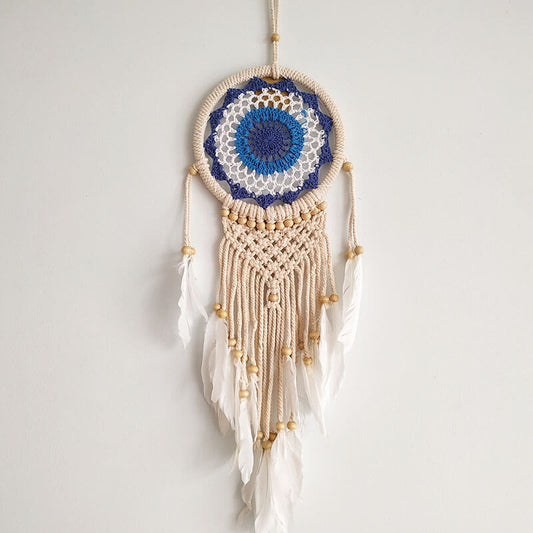 El Yapımı Nazarlık Rengi Desenli Ahşap Boncuklu Örgülü Makrome Bohem Duvar Dekorasyonu Dream Catcher