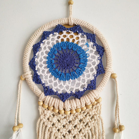 El Yapımı Nazarlık Rengi Desenli Ahşap Boncuklu Örgülü Makrome Bohem Duvar Dekorasyonu Dream Catcher
