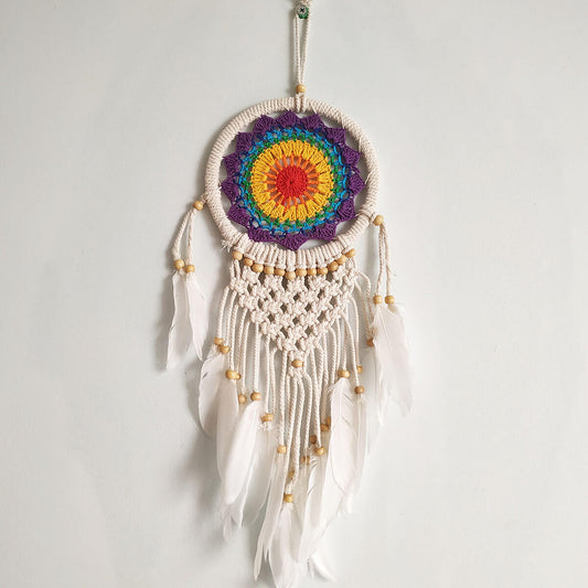 El Yapımı Rengarenk Desenli Ahşap Boncuklu Örgülü Makrome Ev Bohem Duvar Dekorasyonu Dream Catcher