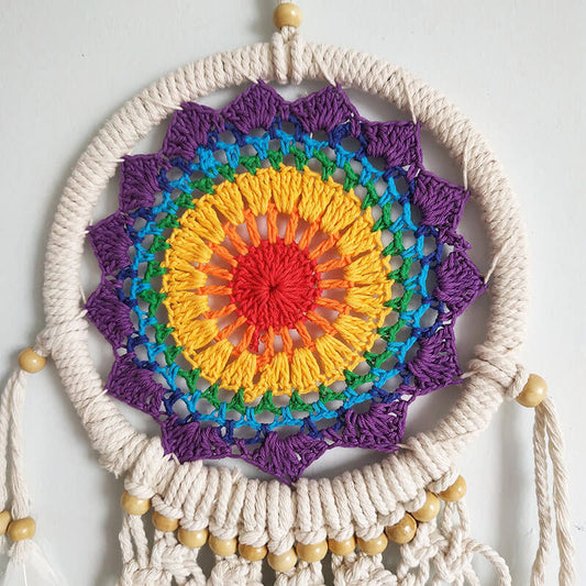 El Yapımı Rengarenk Desenli Ahşap Boncuklu Örgülü Makrome Ev Bohem Duvar Dekorasyonu Dream Catcher