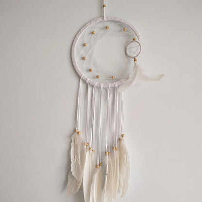 El Yapımı Tüylü Ve Boncuklu Beyaz Hilal Düş Kapanı Ev Bohem Duvar Süsü Dekorasyonu Dream Catcher