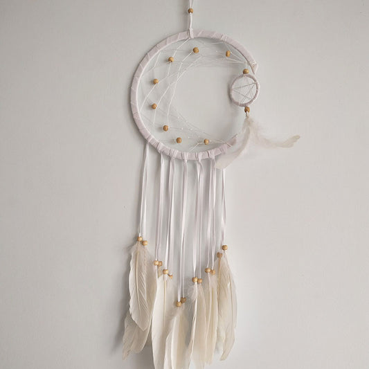 El Yapımı Tüylü Ve Boncuklu Beyaz Hilal Düş Kapanı Ev Bohem Duvar Süsü Dekorasyonu Dream Catcher