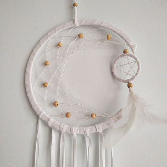 El Yapımı Tüylü Ve Boncuklu Beyaz Hilal Düş Kapanı Ev Bohem Duvar Süsü Dekorasyonu Dream Catcher