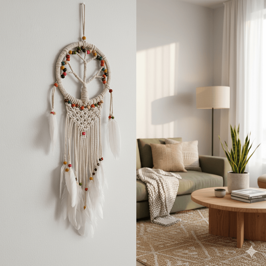 El Yapımı Renkli Ahşap Boncuklu Hayat Ağacı Örgülü Makrome Ev Bohem Duvar Dekorasyonu Dream Catcher