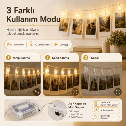 Led Işıklı Fotoğraf Asma Mandalları Pilli Animasyonlu 10 lu 1,5 Metre Zincir Dekoratif Aydınlatma