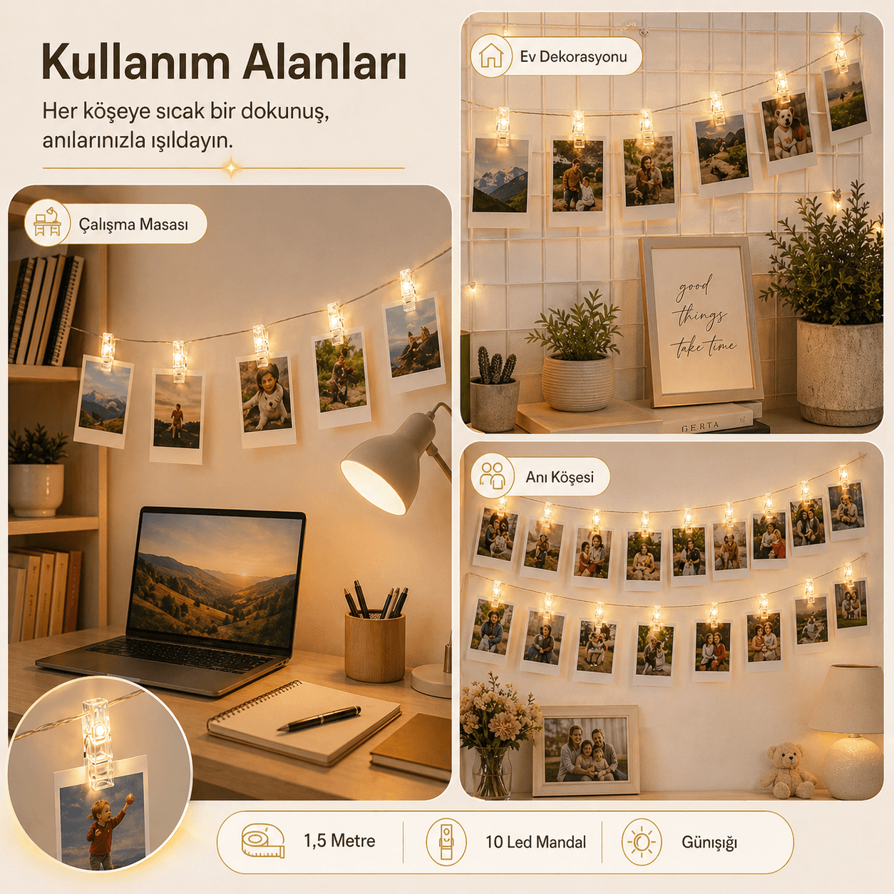 Led Işıklı Fotoğraf Asma Mandalları Pilli Animasyonlu 10 lu 1,5 Metre Zincir Dekoratif Aydınlatma