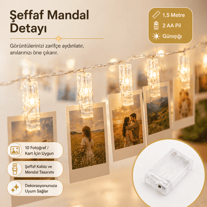 Led Işıklı Fotoğraf Asma Mandalları Pilli Animasyonlu 10 lu 1,5 Metre Zincir Dekoratif Aydınlatma