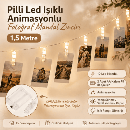 Led Işıklı Fotoğraf Asma Mandalları Pilli Animasyonlu 10 lu 1,5 Metre Zincir Dekoratif Aydınlatma