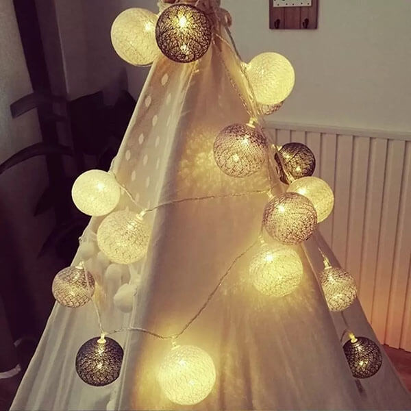 2 Metre Led Işıklı Siyah Beyaz Gri İpli Toplar Çocuk Odası Aydınlatma Organizasyon Süsleme