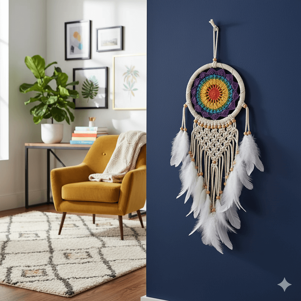El Yapımı Rengarenk Desenli Ahşap Boncuklu Örgülü Makrome Ev Bohem Duvar Dekorasyonu Dream Catcher