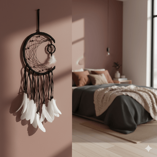El Yapımı Tüylü Ve Boncuklu Kahverengi Hilal Düş Kapanı Ev Bohem Duvar Süsü Dekorasyonu Dream Catcher