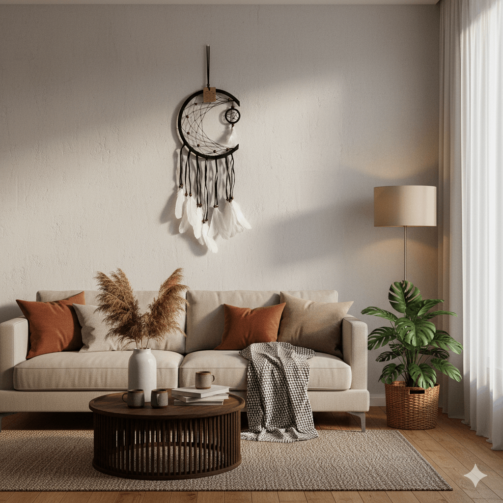 El Yapımı Tüylü Ve Boncuklu Kahverengi Hilal Düş Kapanı Ev Bohem Duvar Süsü Dekorasyonu Dream Catcher