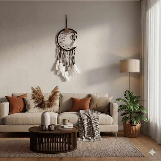 El Yapımı Tüylü Ve Boncuklu Kahverengi Hilal Düş Kapanı Ev Bohem Duvar Süsü Dekorasyonu Dream Catcher